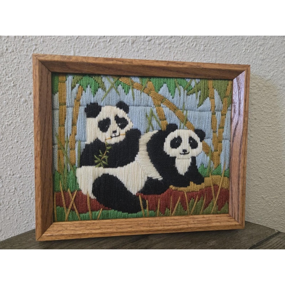 Vintage Crewel Animal Peking Pandas 11.25" x 9.25" Fiber Art 80s Wood Frame MCM